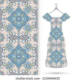 Vector fashion illustration. Women's dress model on a hanger and colorful seamless pattern for textile fabric or paper print. Party dress design, Summer cloth collection, isolated elements