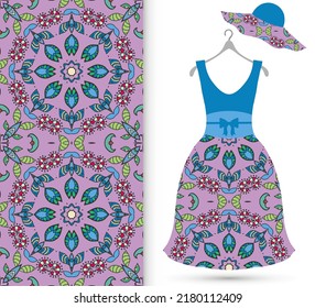 Vector fashion illustration. Women's dress model on a hanger and colorful seamless pattern for textile fabric or paper print. Party dress design, Summer cloth collection, isolated elements