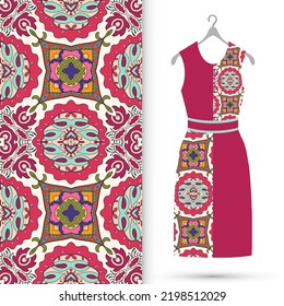 Vector fashion illustration. Women's dress model on a hanger and colorful seamless pattern for textile fabric or paper print. Party dress design, Summer cloth collection, isolated elements
