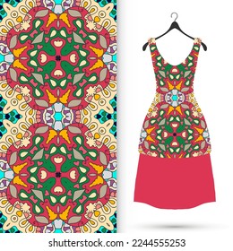 Vector fashion illustration. Women's dress model on a hanger and colorful seamless pattern for textile fabric or paper print. Party dress design, Summer cloth collection, isolated elements