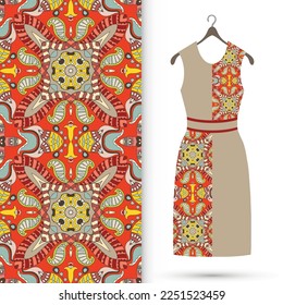 Vector fashion illustration. Women's dress model on a hanger and colorful seamless pattern for textile fabric or paper print. Party dress design, Summer cloth collection, isolated elements