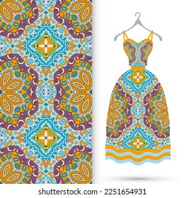 Vector fashion illustration. Women's dress model on a hanger and colorful seamless pattern for textile fabric or paper print. Party dress design, Summer cloth collection, isolated elements