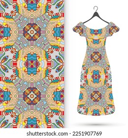 Vector fashion illustration. Women's dress model on a hanger and colorful seamless pattern for textile fabric or paper print. Party dress design, Summer cloth collection, isolated elements