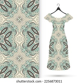 Vector fashion illustration. Women's dress model on a hanger and colorful seamless pattern for textile fabric or paper print. Party dress design, Summer cloth collection, isolated elements