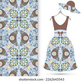 Vector fashion illustration. Women's dress model on a hanger and colorful seamless pattern for textile fabric or paper print. Party dress design, Summer cloth collection, isolated elements