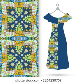 Vector fashion illustration. Women's dress model on a hanger and colorful seamless pattern for textile fabric or paper print. Party dress design, Summer cloth collection, isolated elements