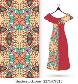 Vector fashion illustration. Women's dress model on a hanger and colorful seamless pattern for textile fabric or paper print. Party dress design, Summer cloth collection, isolated elements