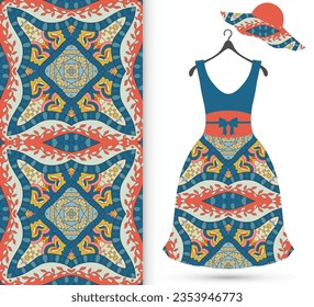 Vector fashion illustration. Women's dress model on a hanger and colorful seamless pattern for textile fabric or paper print. Party dress design, Summer cloth collection, isolated elements