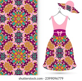 Vector fashion illustration. Women's dress model on a hanger and colorful seamless pattern for textile fabric or paper print. Party dress design, Summer cloth collection, isolated elements