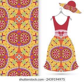 Vector fashion illustration. Women's dress model on a hanger and colorful seamless pattern for textile fabric or paper print. Party dress design, Summer cloth collection, isolated elements
