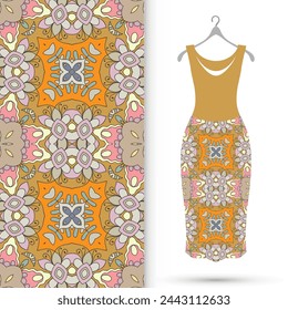 Vector fashion illustration. Women's dress model on a hanger and colorful seamless pattern for textile fabric or paper print. Party dress design, Summer cloth collection, isolated elements