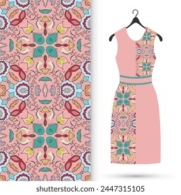 Vector fashion illustration. Women's dress model on a hanger and colorful seamless pattern for textile fabric or paper print. Party dress design, Summer cloth collection, isolated elements