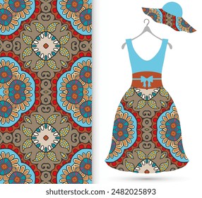 Vector fashion illustration. Women's dress model on a hanger and colorful seamless pattern for textile fabric or paper print. Party dress design, Summer cloth collection, isolated elements