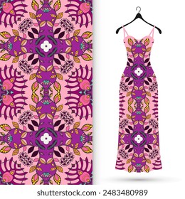 Vector fashion illustration. Women's dress model on a hanger and colorful seamless pattern for textile fabric or paper print. Party dress design, Summer cloth collection, isolated elements