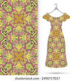 Vector fashion illustration. Women's dress model on a hanger and colorful seamless pattern for textile fabric or paper print. Party dress design, Summer cloth collection, isolated elements