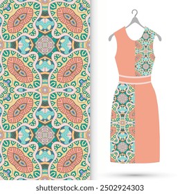 Vector fashion illustration. Women's dress model on a hanger and colorful seamless pattern for textile fabric or paper print. Party dress design, Summer cloth collection, isolated elements