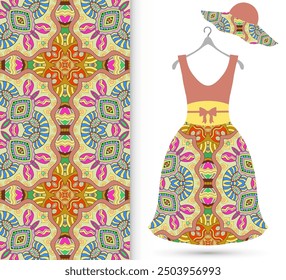 Vector fashion illustration. Women's dress model on a hanger and colorful seamless pattern for textile fabric or paper print. Party dress design, Summer cloth collection, isolated elements