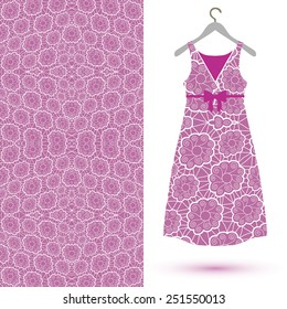 Vector fashion illustration, women's dress on a hanger, hand drawn seamless geometric pattern, isolated elements for invitation card design. Seamless fabric texture