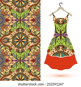 Vector fashion illustration, women's dress on a hanger, hand drawn seamless geometric pattern, isolated elements for invitation card design