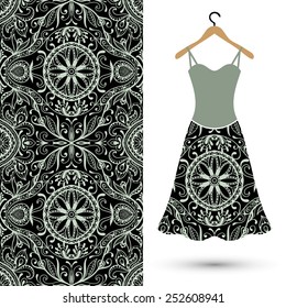 Vector fashion illustration, women's dress on a hanger, hand drawn seamless geometric pattern, isolated elements for invitation card design