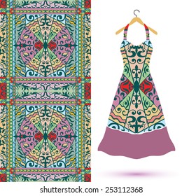 Vector fashion illustration, women's dress on a hanger, hand drawn seamless geometric pattern, isolated elements for invitation card design. Seamless fabric texture