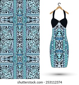 Vector fashion illustration, women's dress on a hanger, hand drawn seamless geometric pattern, isolated elements for invitation card design. Seamless fabric texture