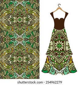Vector fashion illustration, women's dress on a hanger, hand drawn seamless geometric pattern, isolated elements for invitation card design. Seamless fabric texture