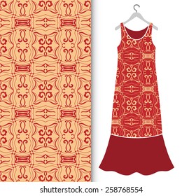 Vector fashion illustration, women's dress on a hanger, hand drawn seamless geometric pattern, isolated elements for invitation card design
