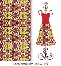 Vector fashion illustration, women's dress on a hanger, hand drawn seamless geometric pattern, isolated elements for invitation card design 