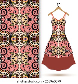 Vector fashion illustration, women's dress on a hanger, hand drawn seamless geometric pattern, isolated elements for invitation card design. Seamless fabric texture