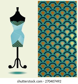 Vector fashion illustration, women's dress on  mannequin  and seamless geometric pattern, isolated design elements for female dress.