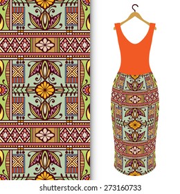 Vector fashion illustration, women's dress on a hanger, geometric seamless pattern, fabric repeating texture with tribal ethnic ornament, isolated elements for invitation or greeting card design