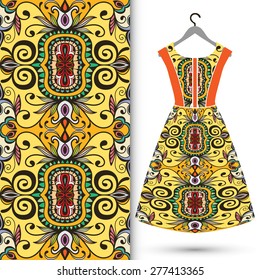 Vector fashion illustration, women's dress on a hanger, hand drawn seamless geometric pattern, fabric repeating texture tribal ethnic ornament, elements for invitation or greeting card design.