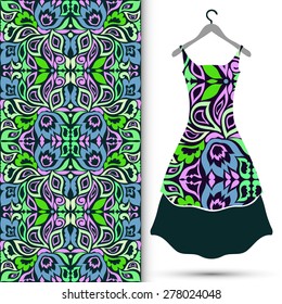 Vector fashion illustration, women's dress on a hanger, hand drawn seamless geometric pattern, fabric repeating texture tribal ethnic ornament, isolated elements for invitation or greeting card design