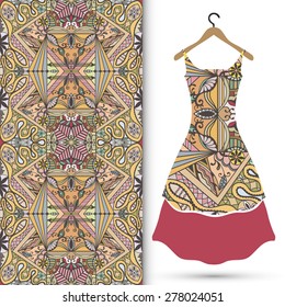 Vector fashion illustration, women's dress on a hanger, hand drawn seamless geometric pattern, fabric repeating texture tribal ethnic ornament, elements for invitation or greeting card design.