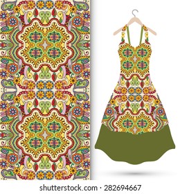 Vector fashion illustration, women's dress on a hanger, hand drawn seamless geometric pattern, isolated elements for invitation card design. Seamless fabric texture