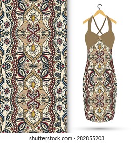 Vector fashion illustration, women's dress on a hanger, hand drawn seamless geometric pattern, isolated elements for invitation card design. Seamless fabric texture