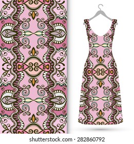Vector fashion illustration, women's dress on a hanger, hand drawn seamless geometric pattern, isolated elements for invitation card design. Seamless fabric texture