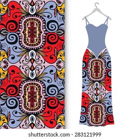 Vector fashion illustration, women's dress on a hanger, hand drawn seamless geometric pattern, isolated elements for invitation card design, repeating fabric texture