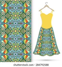 Vector fashion illustration, women's dress on a hanger, hand drawn seamless geometric pattern, isolated elements for invitation card design. Seamless fabric texture