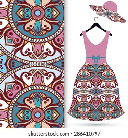 Vector fashion illustration, women's dress on a hanger, hand drawn seamless geometric pattern, isolated elements for invitation card design. Seamless fabric texture