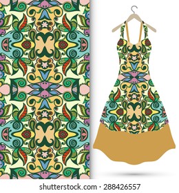 Vector fashion illustration, women's dress on a hanger, hand drawn seamless geometric pattern, isolated elements for invitation card design. Seamless fabric texture