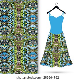 Vector fashion illustration, women's dress on a hanger, hand drawn seamless geometric pattern, isolated elements for invitation card design, repeating fabric texture