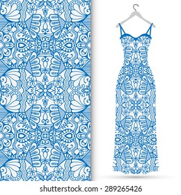 Vector fashion illustration, women's dress on a hanger, hand drawn seamless geometric pattern, isolated elements for invitation card design, repeating fabric texture