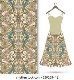 Vector fashion illustration, women's dress on a hanger, hand drawn seamless geometric pattern, isolated elements for invitation card design, repeating fabric texture