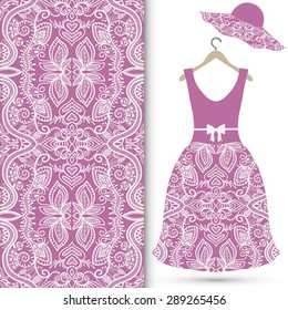 Vector fashion illustration, women's dress and hat on a hanger, hand drawn seamless geometric pattern, isolated elements for invitation card design, repeating fabric texture