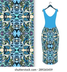 Vector fashion illustration, women's dress on a hanger, hand drawn seamless geometric pattern, isolated elements for invitation card design, repeating fabric texture