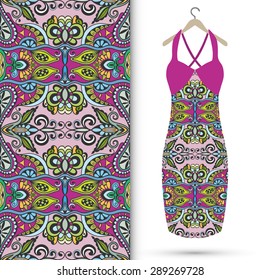 Vector fashion illustration, women's dress on a hanger, hand drawn seamless geometric pattern, isolated elements for invitation card design, repeating fabric texture