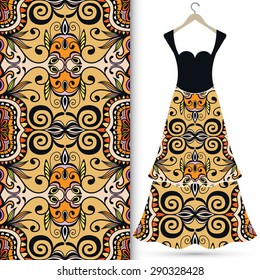 Vector fashion illustration, women's dress on a hanger, hand drawn seamless geometric pattern, isolated elements for invitation card design, repeating fabric texture