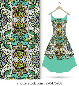 Vector fashion illustration, women's dress on a hanger, hand drawn geometric pattern, fabric repeating texture with tribal ethnic ornament, isolated elements for invitation or greeting card design